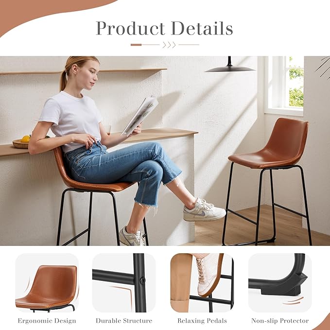 DUMOS 26 Inch Counter Height Bar Stools Set of 2, Modern Faux Leather High Barstools with Back and Metal Leg, Bar Chairs for Kitchen Island, Elegant Brown