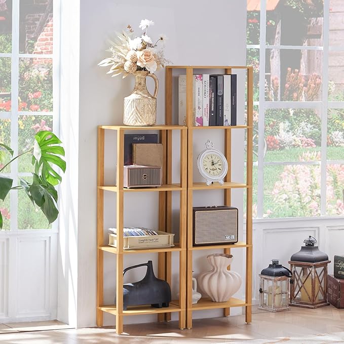 YUFAM 4 Tier Tall Bookshelf with Storage - Small Bookcase for Small Spaces, Shelf for Living Room, Office, Bedroom, Kitchen - Industrial Modern Natural Book Shelf