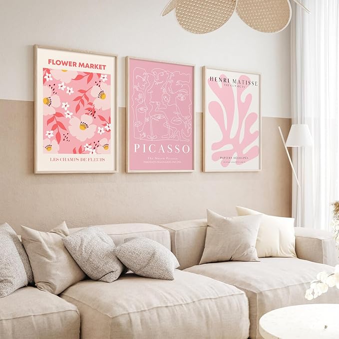 Matisse Abstract Wall Art Decor Pink Flower Canvas Pictures Picasso Aesthetic Wall Art Henri Matisse Prints Poster Abstract Flower Painting Market Artwork for Bedroom 12x16 Inch Unframed Set of 3