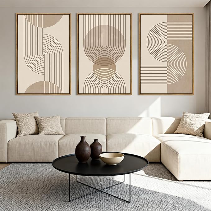 Anyzal Large Neutral Boho Framed Wall Art,Modern Mid Century Wall Decor Canvas,Beige Minimalist Art Print Abstract,Geometric Neutral Artwork Boho for Home Living Room Bedroom Office Set of 3 16''x24''