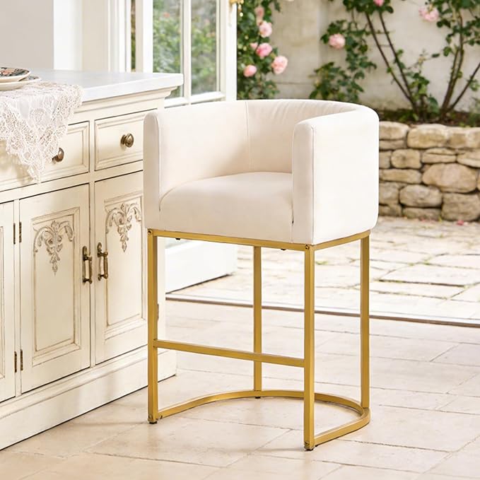 ClinQ 26" H Counter Height Bar Stools Set of 1, Modern Barrel Counter Stools with Backrest and Arms, Gold Metal Frames, Linen Fabric Upholstered Accent Barstools for Kitchen Island, Beige