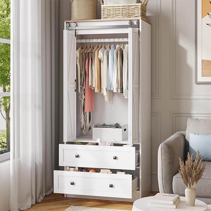 Maupvit Farmhouse Armoire with 2 Folding Sliding Barn Doors and Drawers 70.9" Tall Wooden Bedroom Wardrobe Closet with Spacious Storage Cabinet with Hanging Rod for Bedroom, White