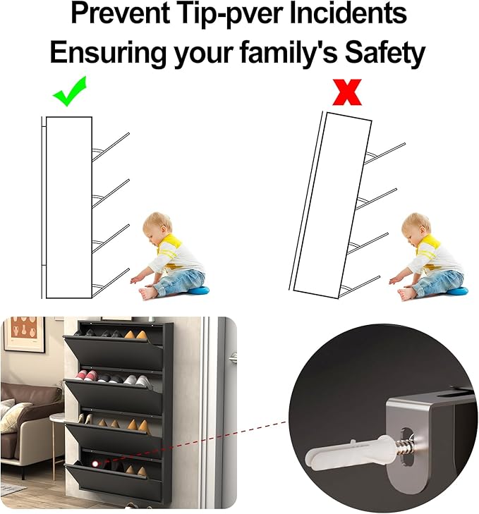 LUCYPAL Shoe Cabinet with 4 Flip Drawers,Slim Shoe Storage Cabinets for Entryway,Black Narrow Wall Shoe Cabinet for Hallway,Living Room, Bedroom