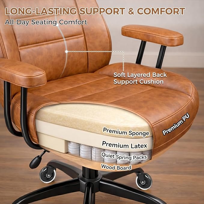 Brown Leather Office Chair with Quiet Rubber Wheels and Lumbar Support, Mid-Back Ergonomic Desk Chair with Removable Armrests, Height Adjustable Computer Chair for Home Office