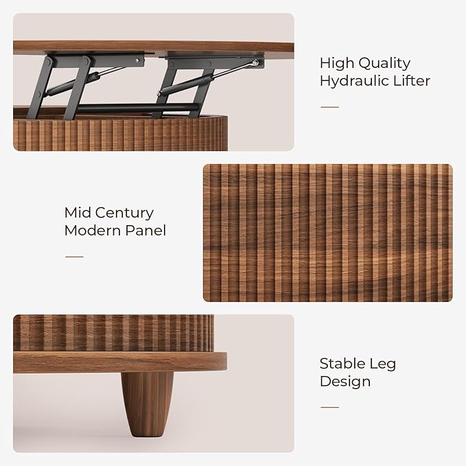 Round Lift Top Coffee Table, 34.6" Modern Coffee Table with 180° Curved Sliding Door, Fluted Accent Coffee Tables with Hidden Storage and Open Shelves, for Living Room, Office, Walnut