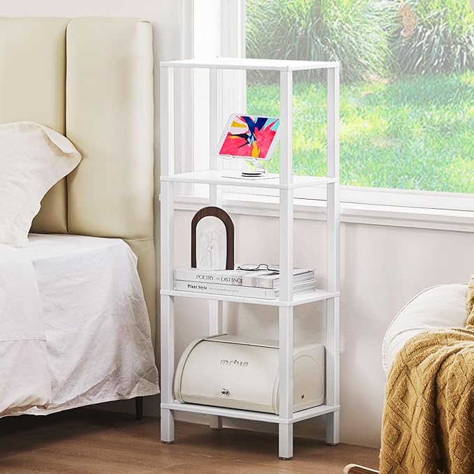 YUFAM 4 Tier Tall Wooden Bookshelf with Storage - Small White Bookcase for Small Spaces, Shelf for Living Room, Office, Bedroom, Kitchen - Industrial Modern Book Shelf