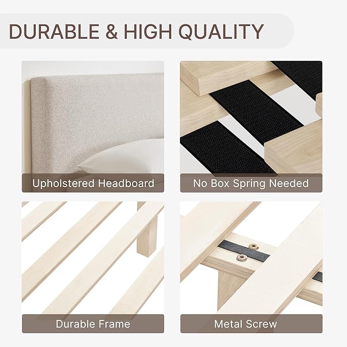 KISLOT Upholstered Queen Size Bed Frame, Boucle Fabric Platform Bed Mattress Foundation Noise-Free No Box Spring Needed Easy Assembly