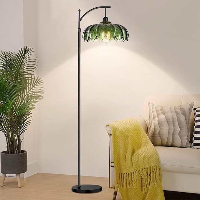 QIYIZM Glass Floor Lamp for Living Room,Bedroom,Gold Dimmable Standing Lamp with Remote,Mid Century Modern Brass Tall Lamp Boho Vintage Retro Floor Lamps Arc Green Flower Floor Light Lamp Bohemian
