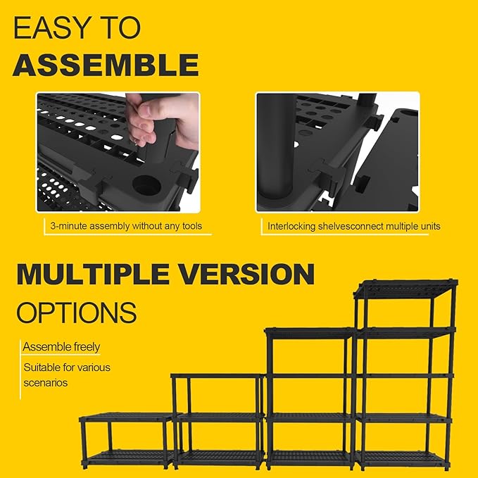Plastic Storage Shelves, 4/5 Shelving Unit, Heavy Duty Storage Rack, 72.44''H, Plastic Shelf Rack, Adjustable Utility Shelf for Basement, Kitchen, Bathroom, Garage,PP, Waterproof