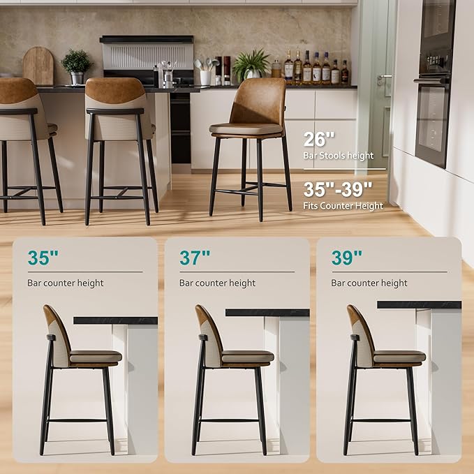 GXJ Bar Stools Set of 4, Upholstered Counter Height Bar Stools, 26 Inch Modern Counter Stools with Back, Textured Leather&Fabric, Metal Legs,Barstools for Kitchen Island Dining Room, Brown