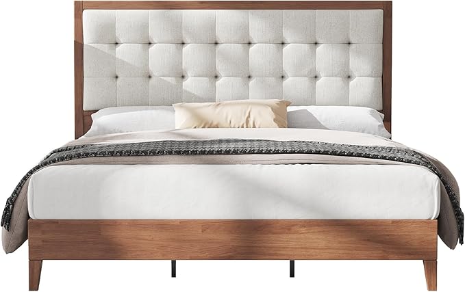 AMERLIFE King Size Bed Frame and Headboard, Solid Wooden Bed Frame King Size Platform Bed Frame Mid-Century Style, No Box Spring Required, Walnut | Noise-Free, Sturdy Frame, Easy Care, Back Support, Breathable Material