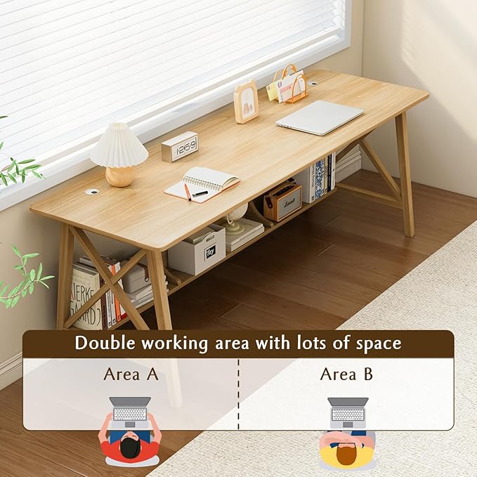 NELYE Extra Long Desk with Bookshelf - Wooden Home Office Work Study Table, 2-Person Writing Computer Workstation with Storage Shelf in Oak, 63" Wx24 Dx30 H