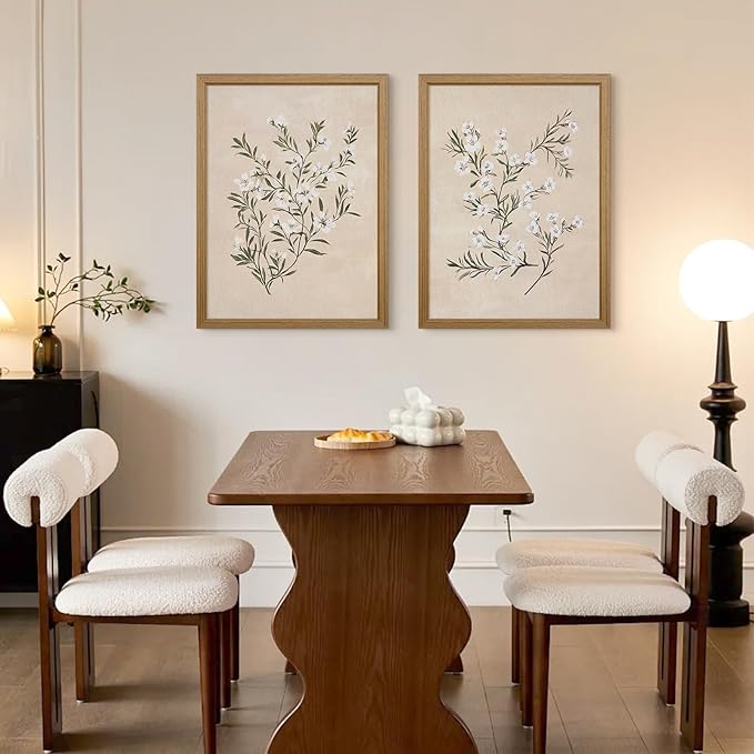 Vintage Botanical Wall Art Neutral Floral Prints Farmhouse Flower Canvas Wall Decor Watercolor Wildflower Pictures Nature Minimalist Artwork for Living Room Bedroom 12x16 Inch Wood Framed Set of 2