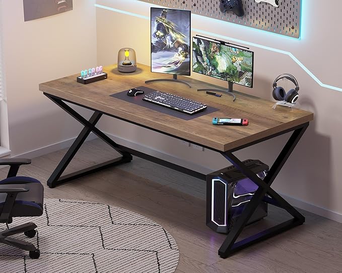 IBF 60” Rustic Computer Desk, Modern Wood Metal Home Office Desk, Farmhouse Work Desk for Writing Study in Bedroom, Minimalist Laptop Executive Workstation Computer Gaming Table, Rustic Oak, 60 in