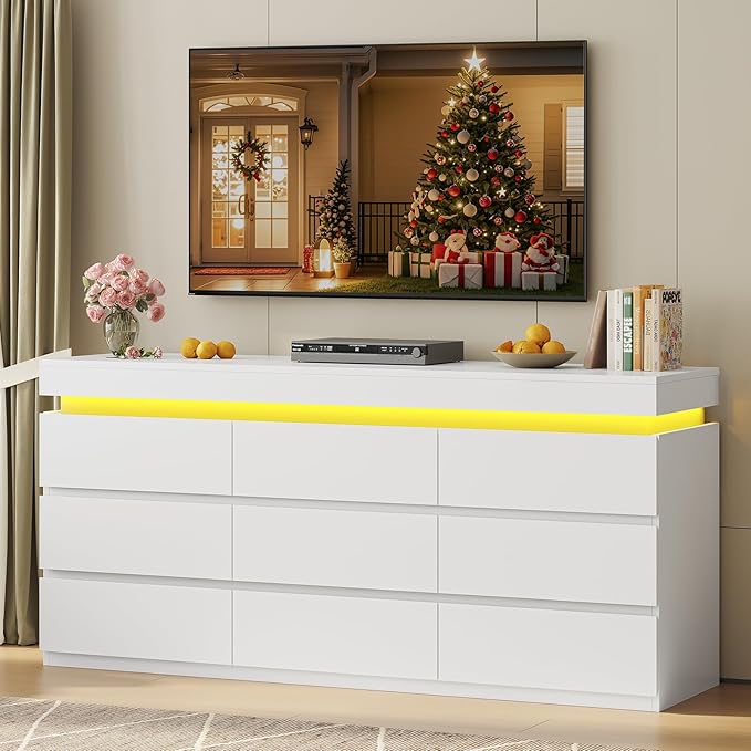 HAUOMS 9 Drawer Dresser with LED Light, White Modern Chest of Drawers for Bedroom,Long Dresser with Drawers for Living Room, Entryway, Hallway