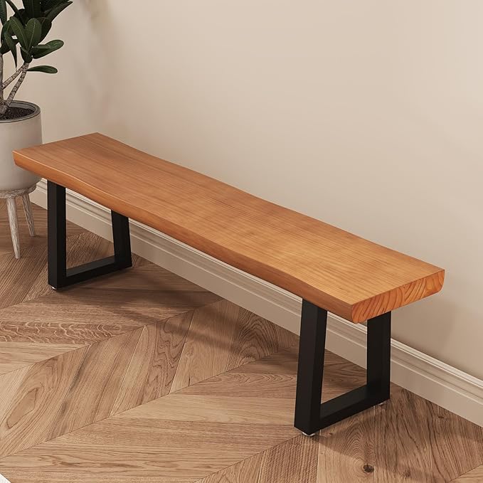 Solid Wood Top Bench with Metal Legs Durable Long Bench for Home Office Living Room Dining Room Versatile Multi Size Options Perfect Chair Stool Dining Bench Dining Chair (Light brown bench, 62.99in)