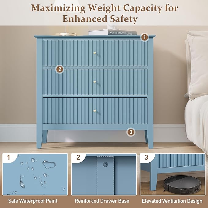 RoyalCraft 32" Large Nightstand, Fluted Painted Wood Bedside Table with 3 Spacious Drawers, Modern End Table for Bedroom, Living Room, Light Blue