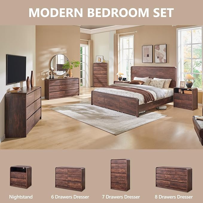Aitjunz Modern 6 Drawers Dresser for Bedroom, 47" Wide Wood Dressers & Chests of Drawers w/Curved Profile Design, Mid Century Modern Dresser w/Natural Texture for Bedroom, Living Room, Brown