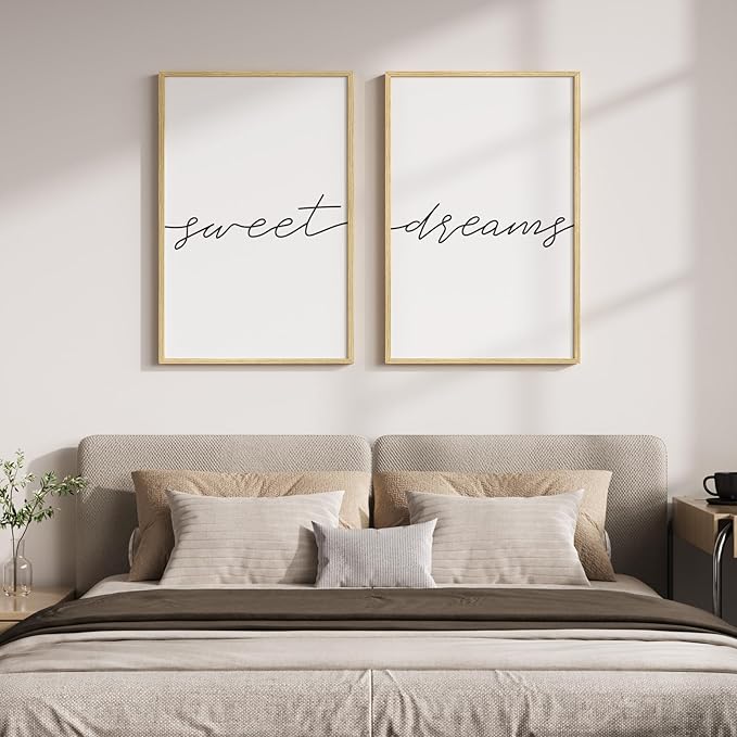 Framed Sweet Dreams Wall Art for Bedroom Decor, Set of 2 Minimalist Quote Canvas Prints, Modern Black and White Typography Artwork for Nursery Guest Room Bedroom Hallway Walls Decor, 16x24 Inch