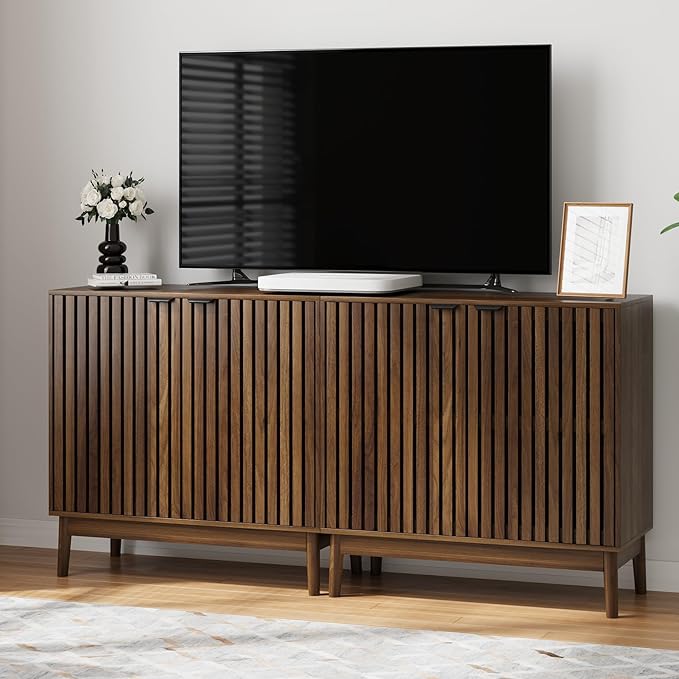 Kiasthome Wooden Sideboard Buffet Cabinet with Slatted Ventilation Doors & Adjustable Shelf, Sideboard Cabinet Storage Cabinet with Ample Storage for Dining Room Entryway (Walnut)