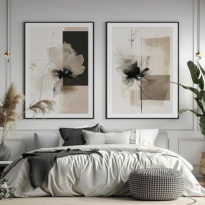 Modern Abstract Floral Wall Art Minimalist Neutral Canvas Painting Decor Beige Cream And Black Wall Art Contemporary Flower Picture Prints for Living Room Bedroom 16x24 Inch Unframed Set of 2