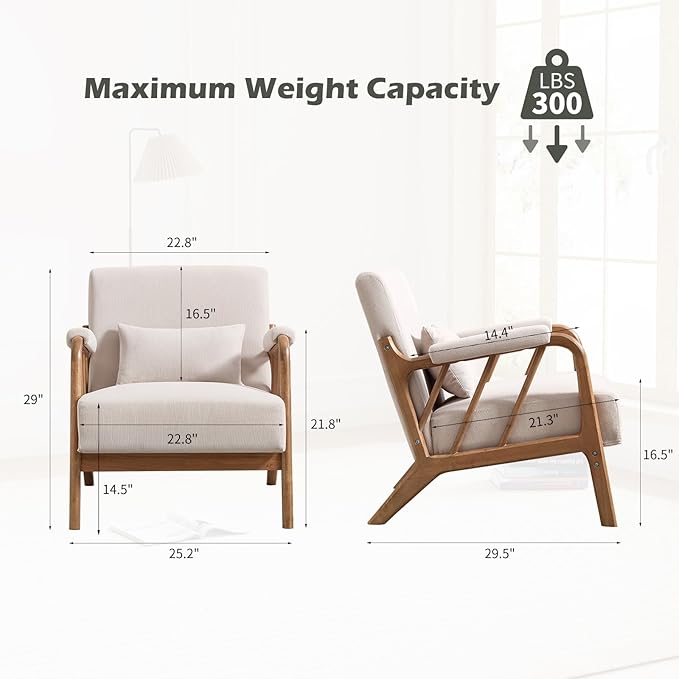 IOMOR Mid Century Modern Accent Chair with Solid Wood Frame, Upholstered Living Room Chairs with Lumbar Cushion Padded Arms, Reading Armchair for Bedroom Set of 2, Beige
