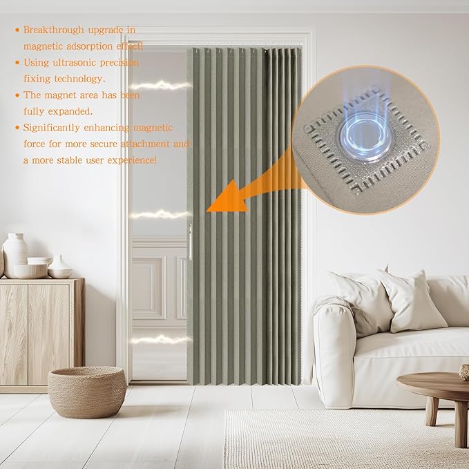 Jilron Accordian Door Curtain, 100% Blackout Folding Magnetic Doorway Curtains,Linen Style Closet Doors,for Room Divider,Privacy Protection（W72 x L78,Grey,1 Panel）