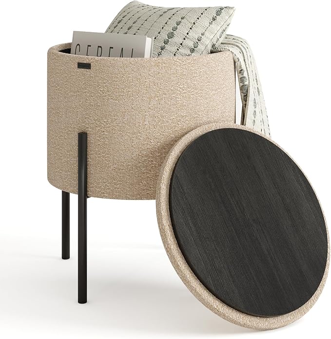 STORAGEBUD Round Ottoman with Storage, Boucle Storage Foot Stool, Makeup Vanity Stool, Small Ottoman Foot Rest, Modern Ottomans for Living Room and Bedroom, Beige