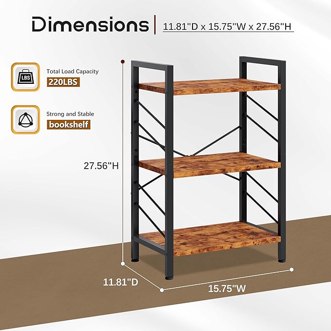 DurayLoly Book Shelf, 3 Tier Small Bookshelf, Industrial Bookcase with Metal Frame and Sidebars, Storage Shelves for Living Room, Bedroom, Home Office and Kitchen, Rustic Brown