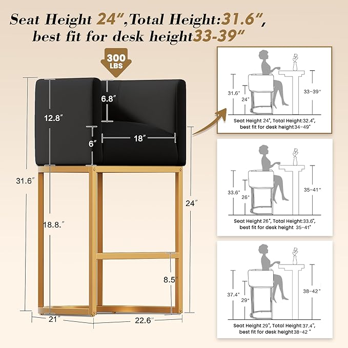 24" Modern Counter Height Bar Stools,PU Leather Upholstered Barrel Barstools with Backs,Island Chairs Bar Stools Set of 1,Metal Gold Frames Ink Black Leather