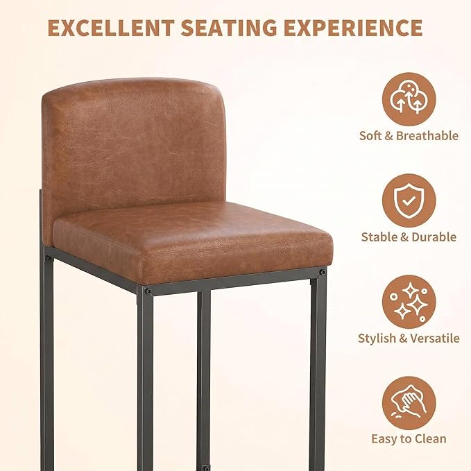 GarveeHome Bar Stools Set of 6, Modern Counter Height Bar Stools with Back and Footrest, Faux Leather Upholstered Barstools Chairs for Kitchen Island Dining Room Bar, Brown