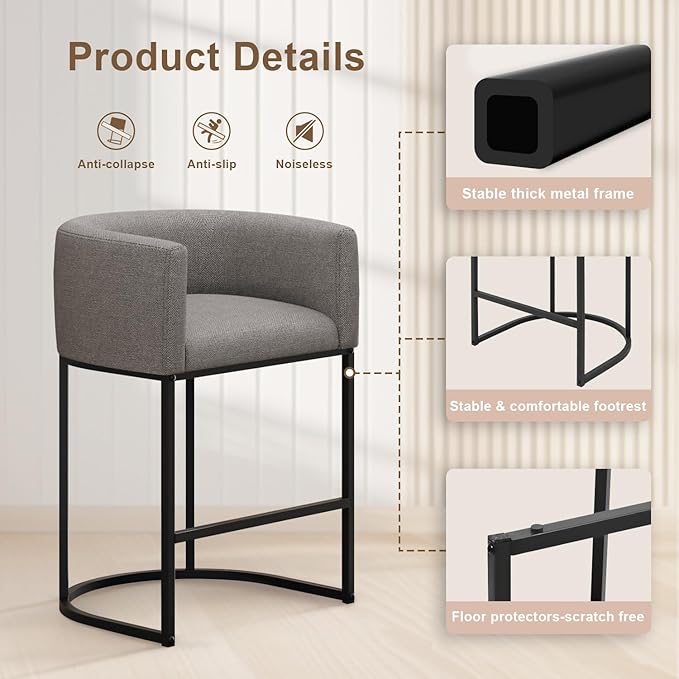26" H Counter Height Bar Stools Set of 2, Modern Barrel Counter Stools with Backrest and Arms, Linen Fabric Upholstered Accent Barstools for Kitchen Island,Support 450 LBS (Gray)