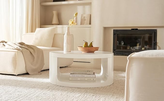 Round Coffee Table with Storage, 31" Modern Living Room Table, 2 Tier Circle Wood Center Tables for Apartment, Living Room, Open-Style Storage White Tea Tables, 31"*14.1" (White)