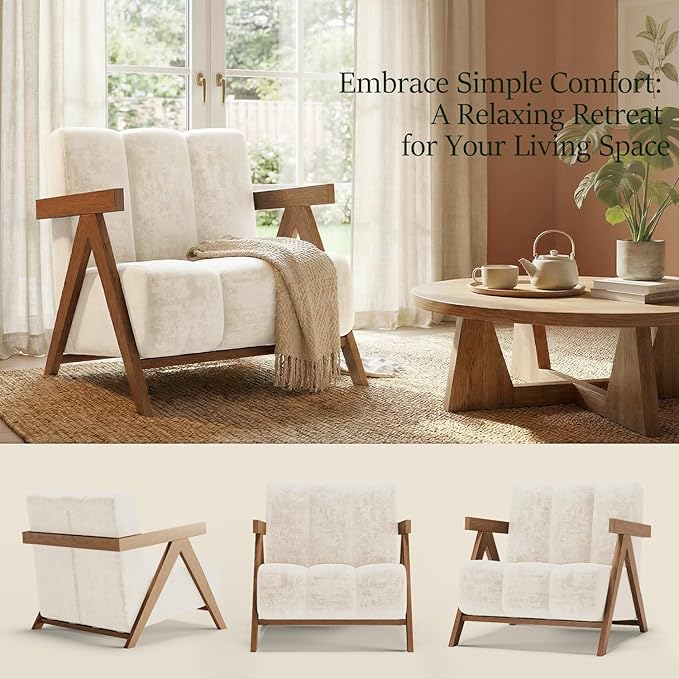Modern Accent Chair Set of 2 for Living Room Bedroom,Comfy Chenille Reading Chair with Wood Frame,Upholstered Lounge Armchair with Thick High-Elastic Sponge for Apartment & Waiting Room(White,2)