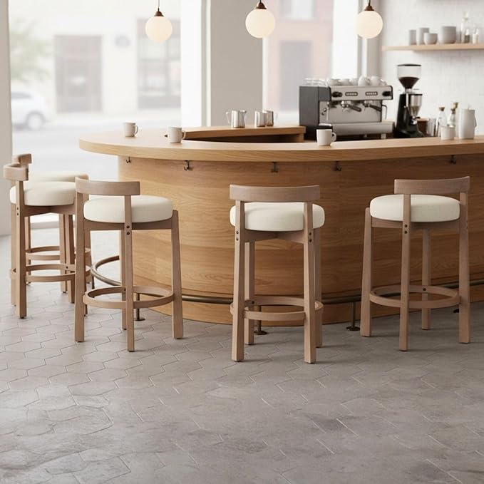 LukeAlon Linen Counter Stools Set of 5, Upholstered 26.5” Seat Height Low Barstools with Natural Wood Legs Round Low Back Kitchen Stools with Footrest for Dining Room Bar Coffee Shop, Beige