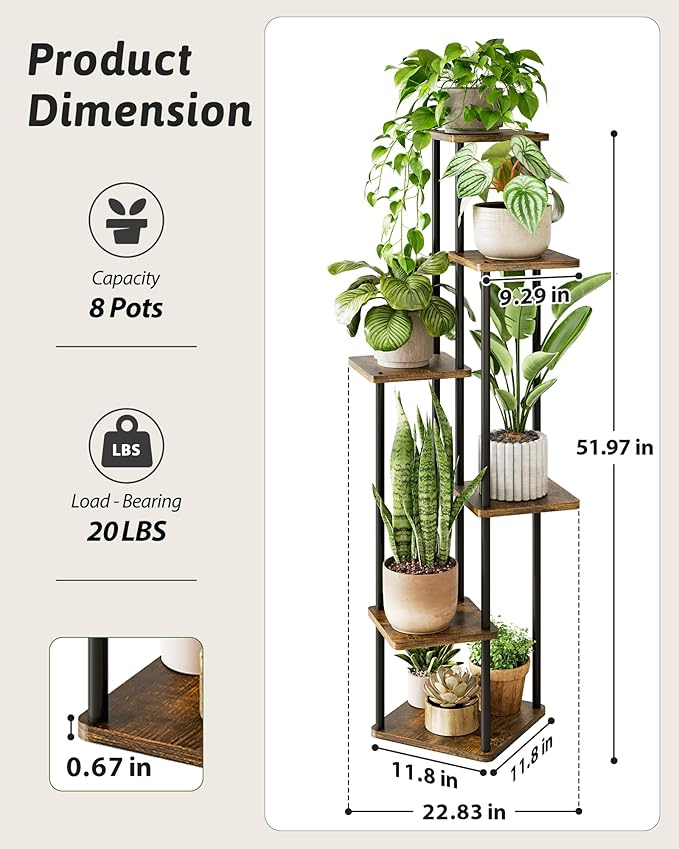 GENTINGBRO Corner Plant Stand Indoor 6 Tiered Tall Plant Stand Plant Shelf for Multiple Plants Coner Shelf Wood Plant Stands Metal Shelving for Living Room Bedroom Balcony Patio Brown Oak
