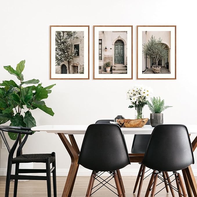 HPNIUB Vintage Italy City Landscape Framed Canvas Wall Art Set, Olive Green Tree Country Wall Decor, Modern Minimalist Countryside Villages Picture for Living Room,Office(Set of 3,12X16 Inch)