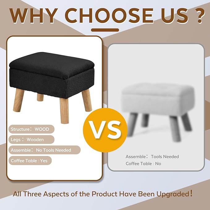 Storage Ottoman, Small Foot Stool Ottoman with Storage, Teddy Velvet Foot Rest with Wood Legs, Footstool for Living Room, Bedroom, Entryway, Black