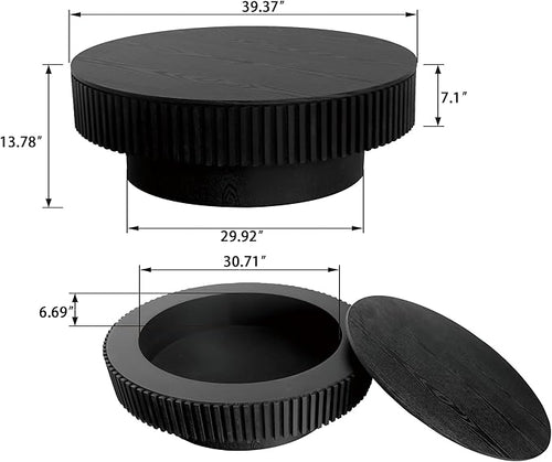 39.37'' Round Coffee Table with Storage, Solid Wood Veneered Modern Drum Coffee Table Accent Tea Table for Living Room, Bedroom, Apartment or Office-Black