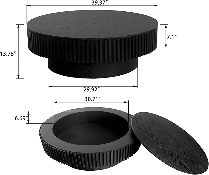 39.37" Round Coffee Table with Storage for Living Room Wood Coffee Table Contemporary Circle Center Table for Apartment, Easy Assembly, Black
