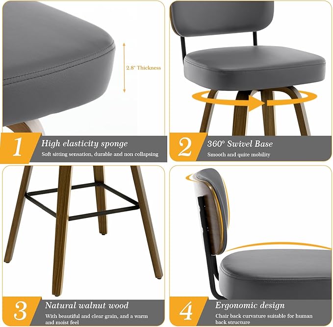 Bekrvio Swivel Counter Height Bar Stools Set of 4, 26" Upholstered Faux Leather Barstools with Back and Bent Wood Legs, Mid Century Modern Bar Chair Island Stool for Kitchen Counter, Grey