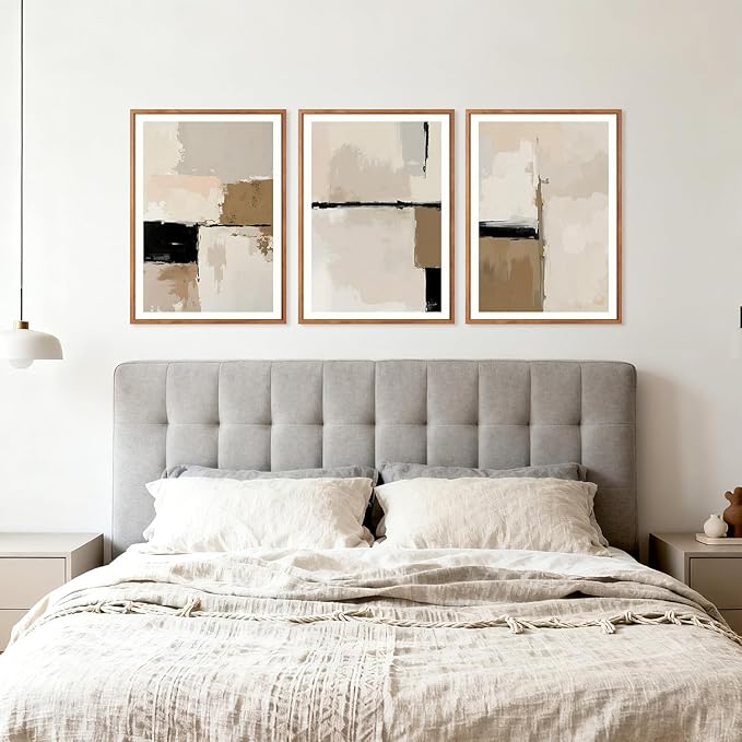 HPINUB Modern Abstract Framed Canvas Wall Art Set,(Set of 3,12X16 Inch) Geometric Line Black White and Beige Textured Wall decor Neutral Gray Minimalist Art Print for Living Room,Dining Room,Office