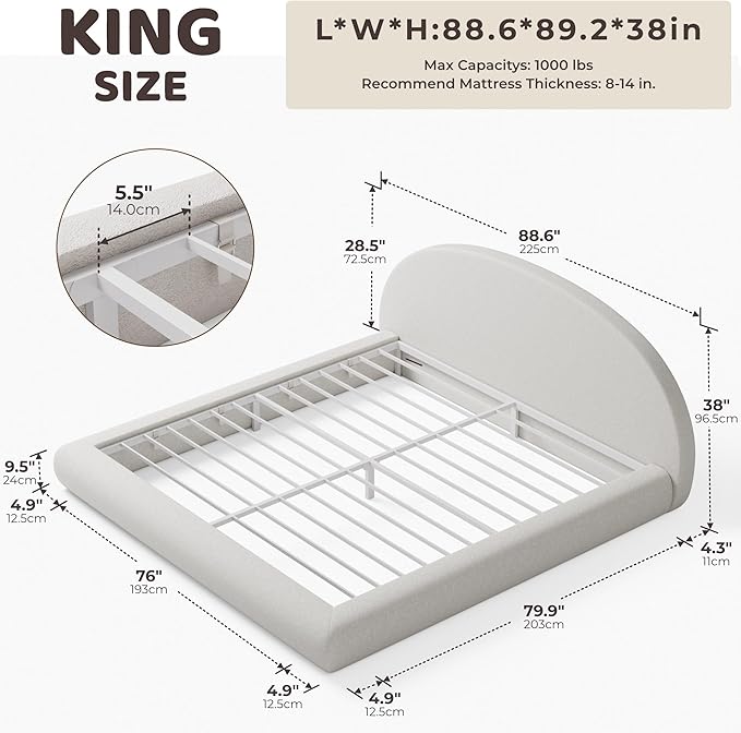 RECCI AirFrame Half-Moon Upholstered King Platform Bed Frame, Boucle Curved Arched Base with Headboard, 5 Inch Fully Round Cushioned Foam, No Box Spring Needed, Easy Assembly | Round Shaped, Boucle, Low-profile, Soft