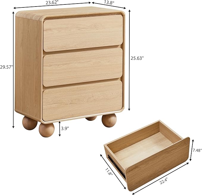 AVZEAR Wooden Night Stand wth 3 Drawer Dresser Mid Century Modern End Table Chest of Drawers, Solid Wood Legs & Curved Profile Design, Farmhouse Side Table for Living Room, Natural