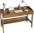 100% Solid Wood Desk with Drawers - 48 Inch Mid Century Modern Desk, Vintage Desks with Storage Shelf, Adjustable Height Writing Computer Desks with Cable Hole, Walnut Color