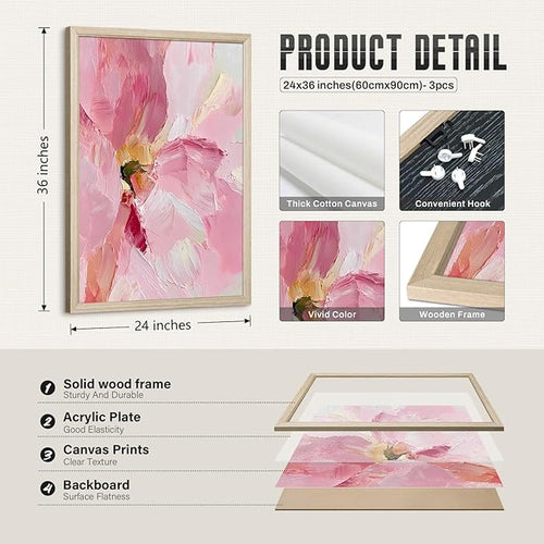 Abstract Floral Wall Art Pink Flower Canvas Pictures Modern Wall Decor Blush Pastel Pink Prints Peony Painting Minimalist Poster Botanical Artwork for Bedroom Living Room 24x36x3 Inch Wood Framed