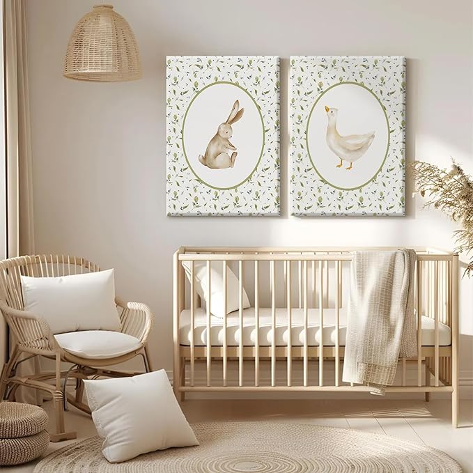 Vintage Nursery Wall Art Cute Goose Canvas Poster Bunny Wall Decor Baby Kids Poster Rabbit Duck Prints Cute Animal Pictures Pale Green Painting Artwork for Gallery Bedroom 12x16x2 Inch Ready to Hang