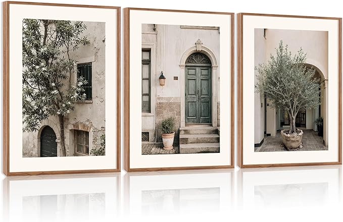 HPNIUB Vintage Italy City Landscape Framed Canvas Wall Art Set, Olive Green Tree Country Wall Decor, Modern Minimalist Countryside Villages Picture for Living Room,Office(Set of 3,12X16 Inch)