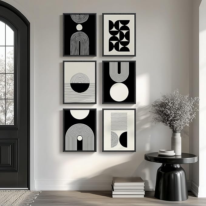 Wood Framed Modern Abstract Canvas Wall Art Sets of 6, Black and White Minimalist Prints, Bohemian Geometric Decor Painting for Living Room, Bedroom, Hallway and Office 11x14 Inch