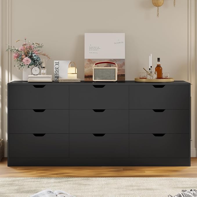 HAUOMS 9 Drawer Dresser for Bedroom, Large Black Chest of Drawers for Bedroom,Long Modern Dressers with Drawers for Living Room, Hallway